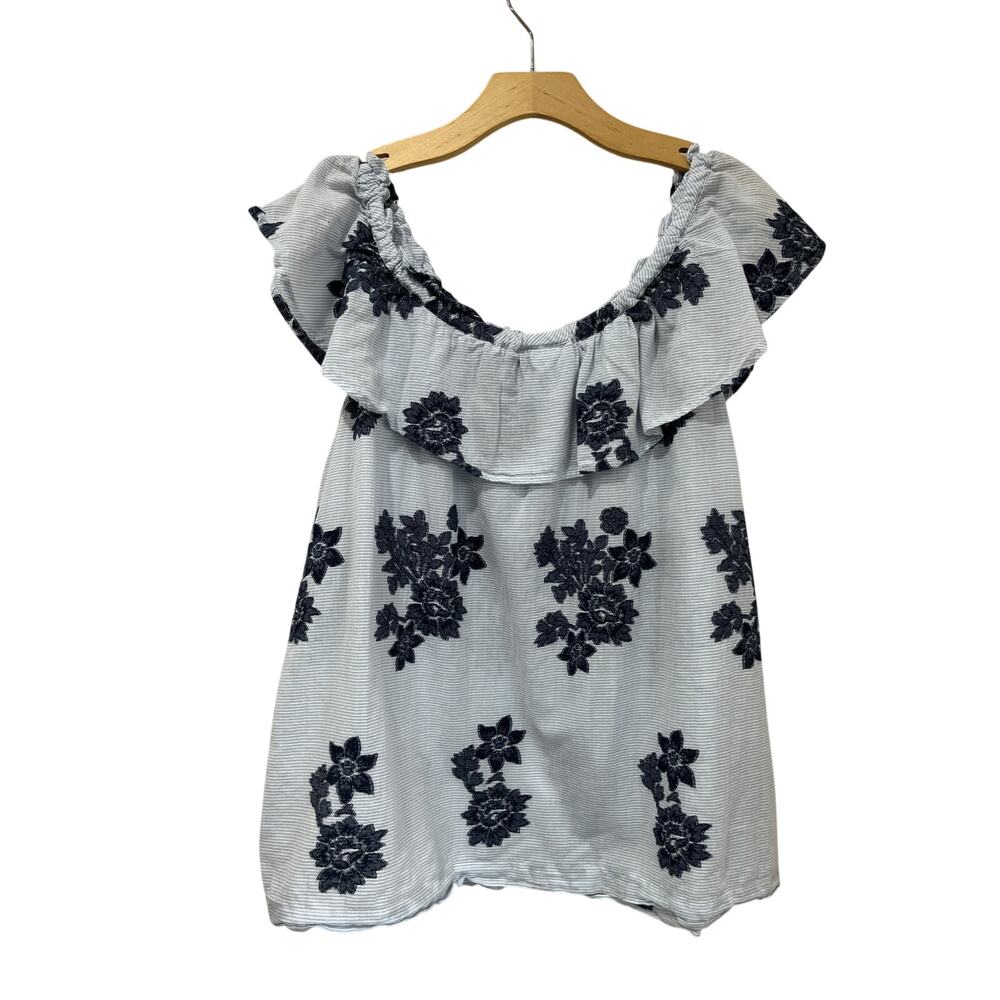 J. Jill Blue Embroidered Off Shoulder Ruffle Blouse Cotton Boho Size L